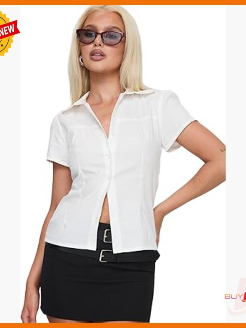 Short Sleeve Button-Down Cotton Top with Pleat Detail, Regular Fit